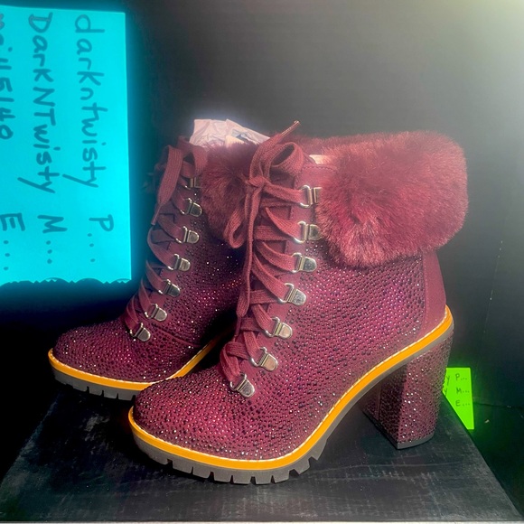BNIB INTERNATIONAL CONCEPTS RHINESTONE BURGUNDY FUR CUFF ANKLE BOOTS GORGEOUS! - Picture 11 of 16